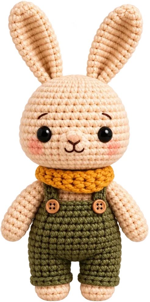 Bunu, conejita tejida color crema con bufanda mostaza y overol verde