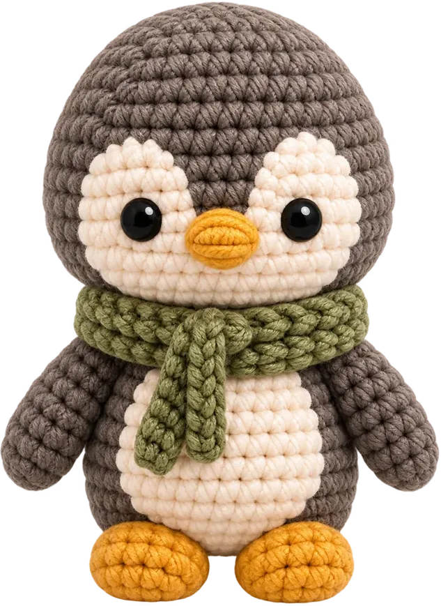 Pipo, pingüino tejido gris con bufanda verde y patitas amarillas