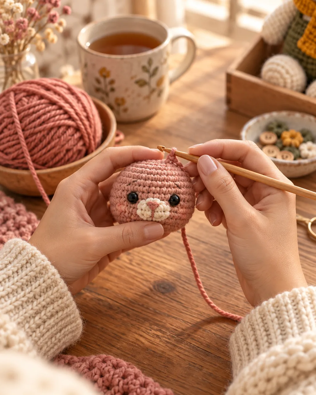 Manos tejiendo a ganchillo la cabeza rosa de un amigurumi sobre la mesa de madera