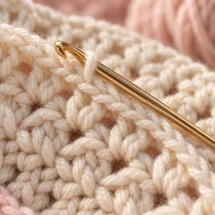 Primer plano de puntadas de crochet con un ganchillo dorado