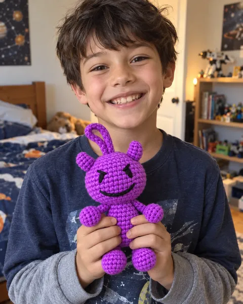 Niño sonriente sosteniendo a Jax, el diablillo morado tejido
