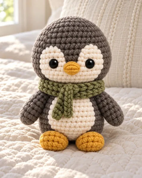 Pipo, el pingüino tejido, sentado sobre una cama