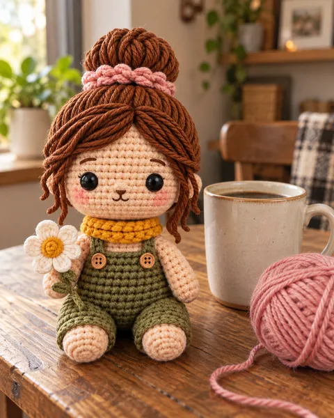 Lilo, la muñeca tejida, sentada junto a una taza de café