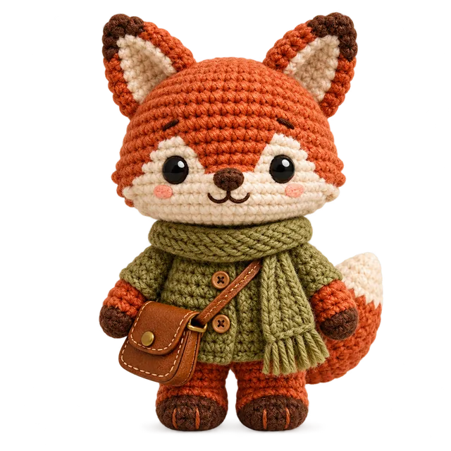 Zorrito tejido terminado, con bufanda verde y bolso de cuero